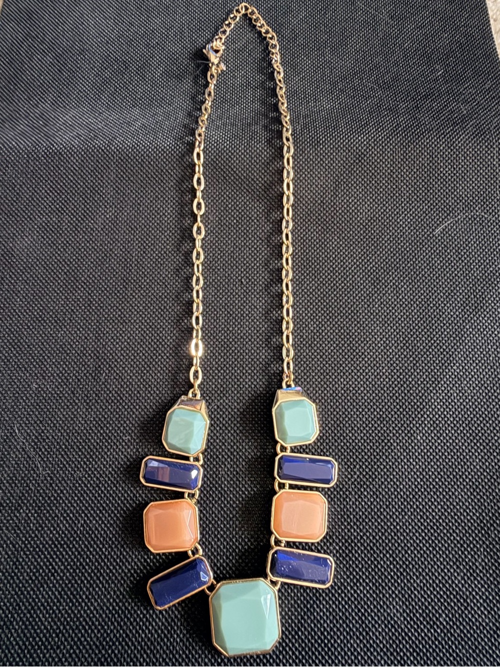 Gold-Tone Necklace with Aqua, Navy & Peach Stones